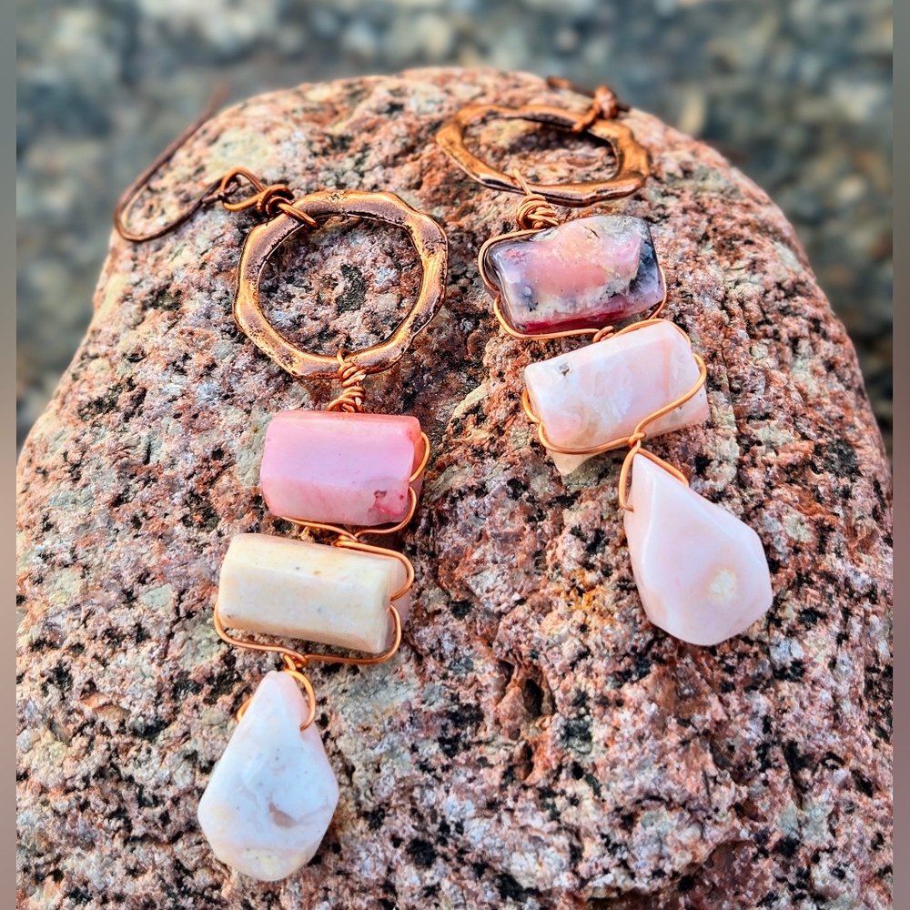 Whispers From Andes Genuine Pink Peruvian Opals In Antique Copper Drop Earrings - Picture 4 of 10